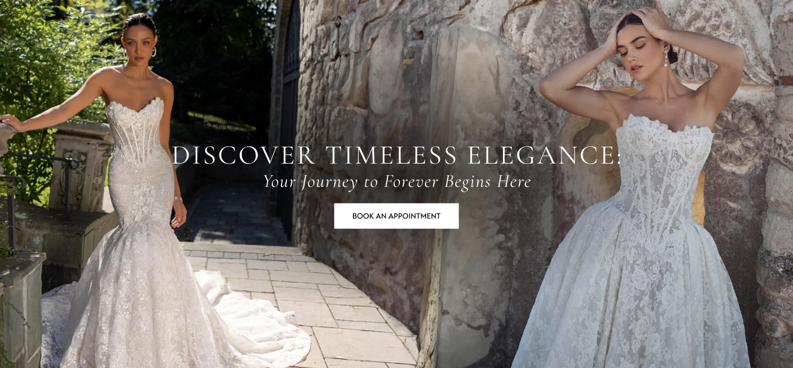 Models wearing Calla Blanche Emlyn and Eva of Milady 1705 gowns, desktop banner