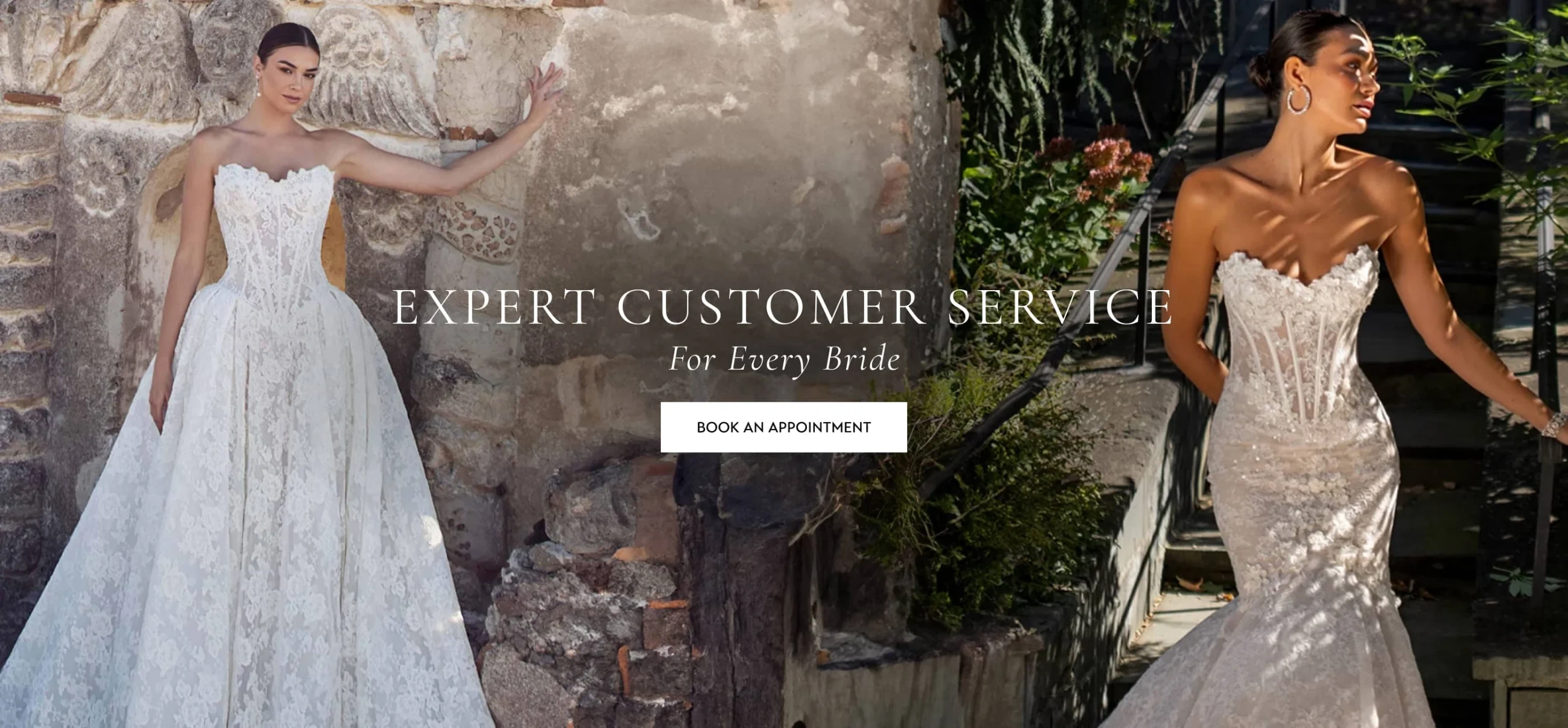 Models wearing Calla Blanche Emlyn and Eva of Milady 1705 gowns, desktop banner